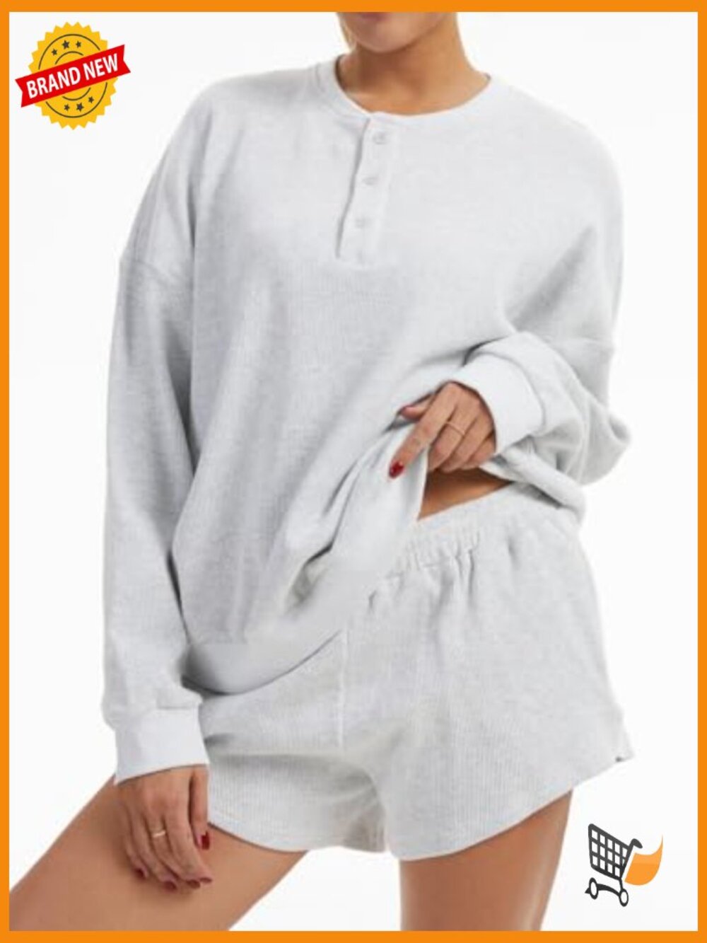 Oversized Waffle Knit Lounge Set - Long Sleeve Henley Sweatshirt & High Waisted - Picture 2 of 7